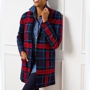 Talbots Red and Blue Plaid Merino Wool Coatigan Cabin Plaid -Size Small Petite